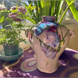 Unique Handcrafted Colorful Glazed Vase with Abstract Design and Crackle Finish